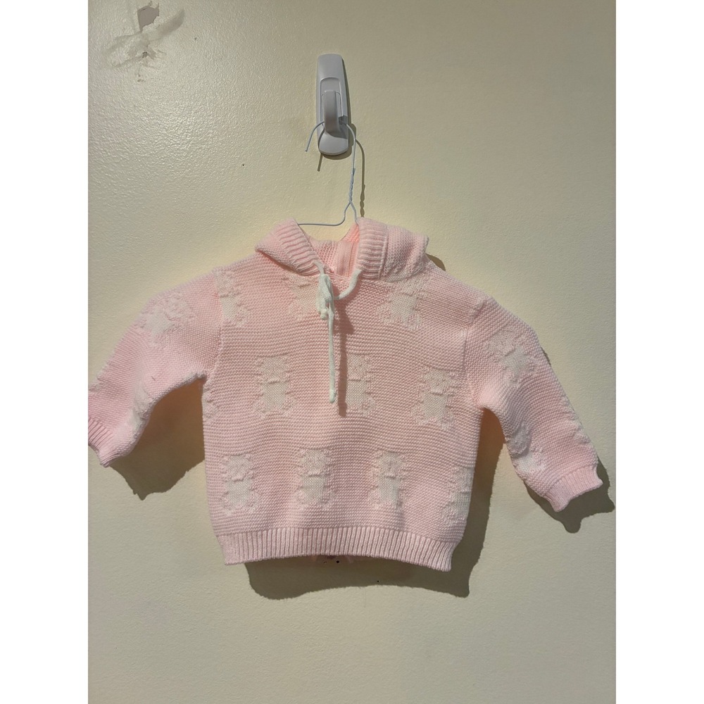 Babytown Vintage Pink Teddy Bear Knit Hooded Zip Back Sweater 3/6 Months Japan
